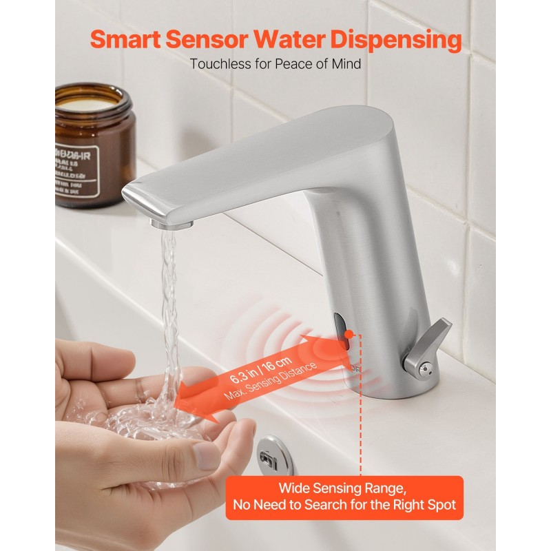 Kosketusvapaa pesuallashana kylpyhuoneeseen messinkirunko harjattu nikkeli säädettävä lämpötila paristokäyttö