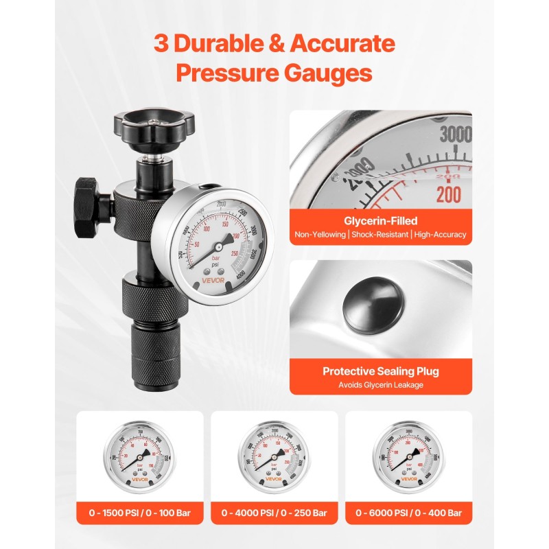 Hydraulinen typenakkujen täyttö ja testauspakkaus metallirunkoinen 2 m letku 3 painemittaria