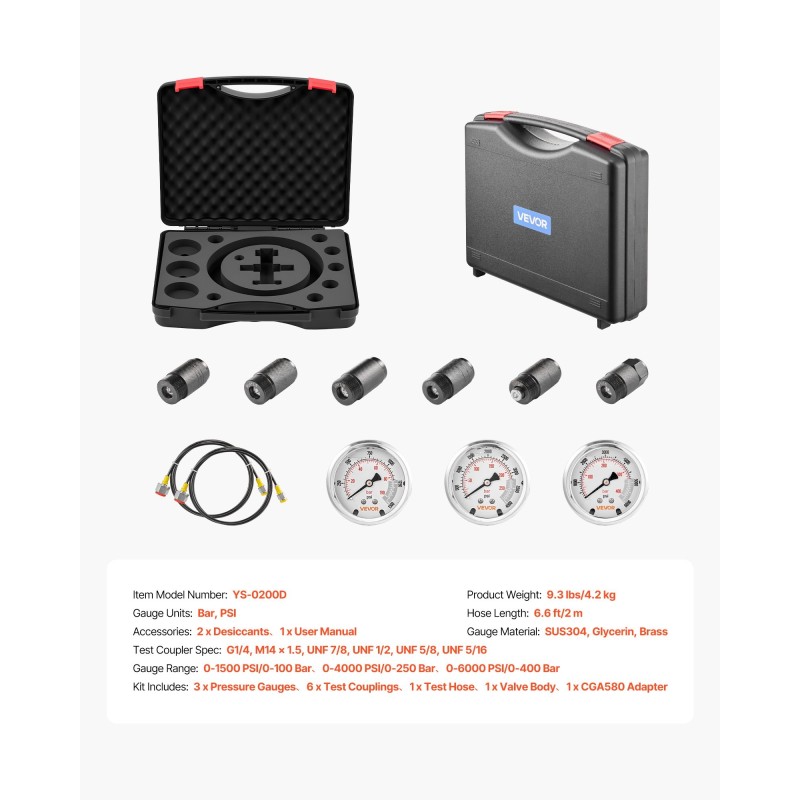 Hydraulinen typenakkujen täyttö ja testauspakkaus metallirunkoinen 2 m letku 3 painemittaria