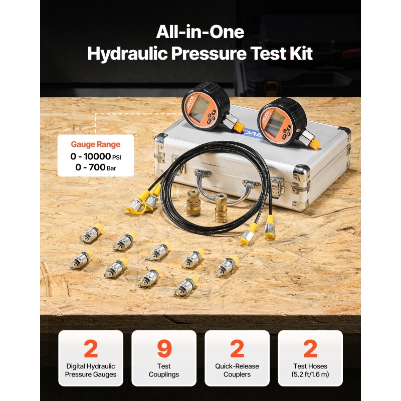 Digitaalinen hydraulinen paineentestaussarja SUS304 kierteillä kaivinkoneille 0-700 bar 9 testiliitintä 2 letkua