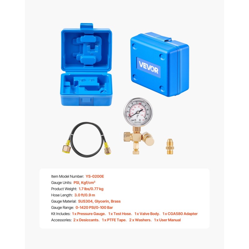 Hydraulinen typpiakun täyttösarja metallirakenteella messinkikierteillä mittarilla ja testiletkulla 0–100 barin painealueella