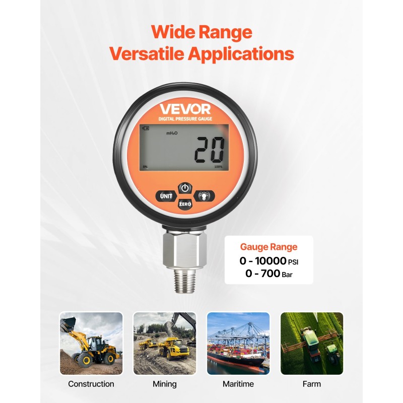 Digitaalinen hydraulipainemittari 0–700 bar taustavalaistu näyttö 304-ruostumaton teräs silikonisuojus