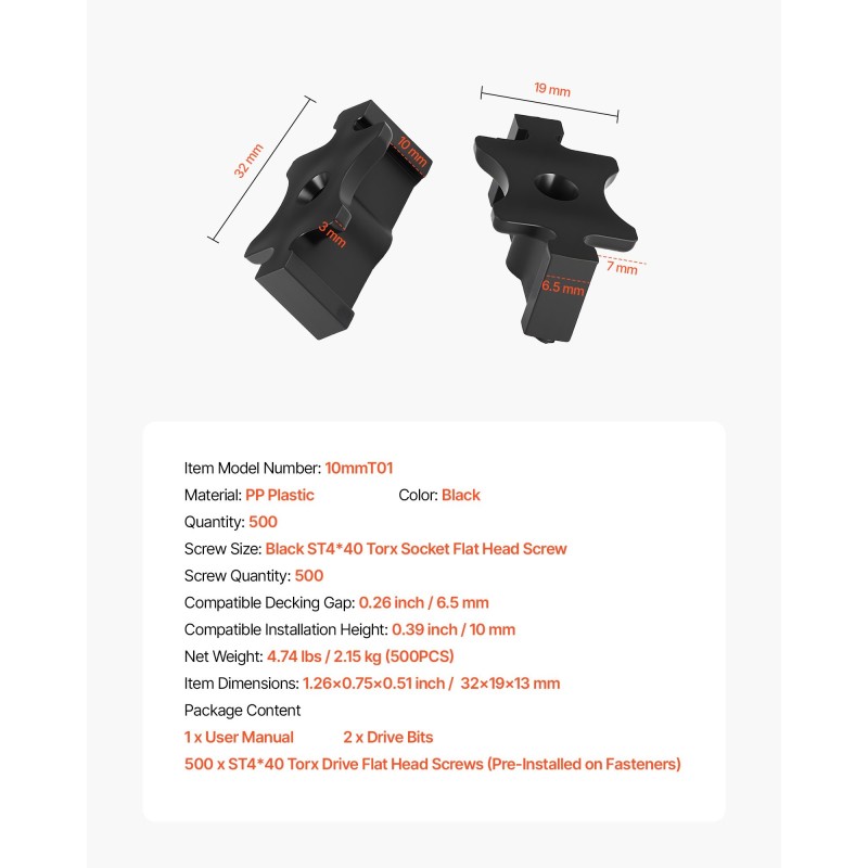 Piilokiinnikkeet komposiittiterassilaudoille 500 kpl musta PP-muovi ja 304-ruostumaton teräs