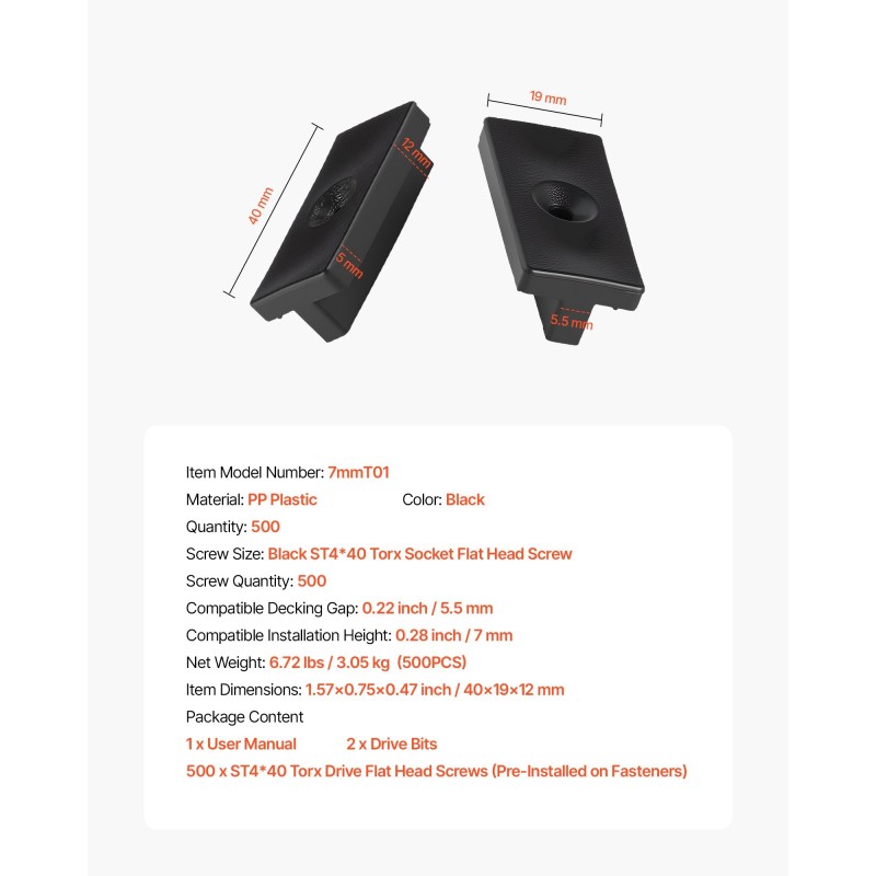 Piilotetut terassikiinnikkeet PP-muovia ja 304-ruostumatonta terästä 500 kpl