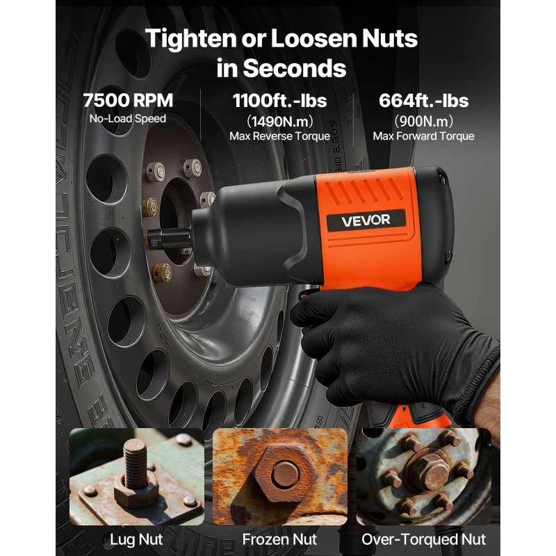 Puolituumainen paineilmakäyttöinen iskumutterinväännin 1490 newtonmetriä alumiiniseos neliasteinen väännönsäätö