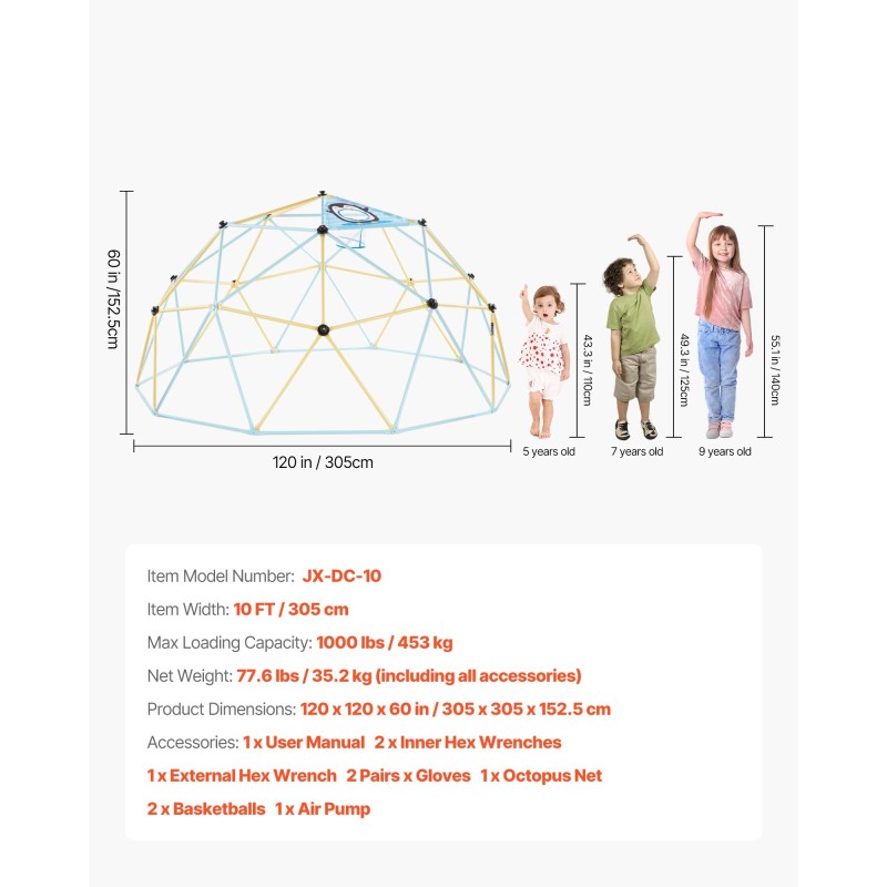 Teräs kiipeilykupoli 305 cm ulkokäyttöön 3–10 vuotta 453 kg kantavuus 2 koripalloa
