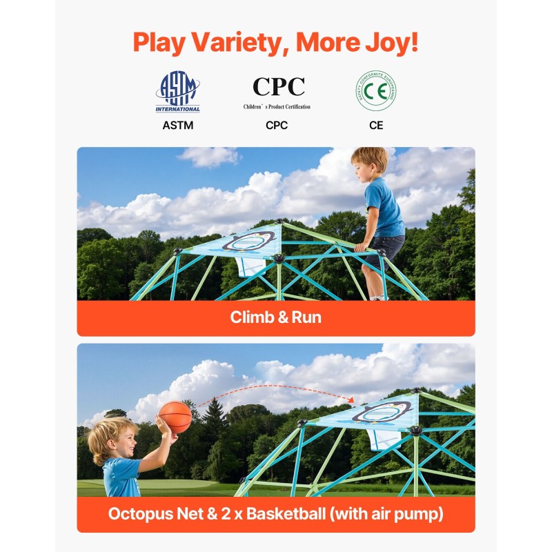 Kiipeilykupoli 305 cm teräsrunko 453 kg kantavuus 2 koripalloa ja palloverkko sinkkipinnoite