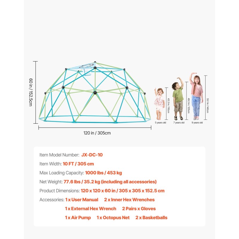 Kiipeilykupoli 305 cm teräsrunko 453 kg kantavuus 2 koripalloa ja palloverkko sinkkipinnoite