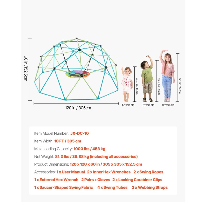 Kiipeilykupoli teräs 305 cm lautaskeinulla 453 kg kantavuus 3–10-vuotiaille