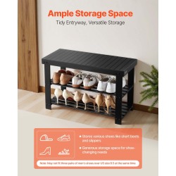 Bambuinen kolmitasoinen kenkätelinepenkki istuinosalla musta kahdella säilytyshyllyllä