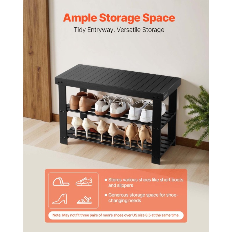 Bambuinen kolmitasoinen kenkätelinepenkki istuinosalla musta kahdella säilytyshyllyllä