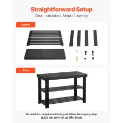 Bambuinen kolmitasoinen kenkätelinepenkki istuinosalla musta kahdella säilytyshyllyllä