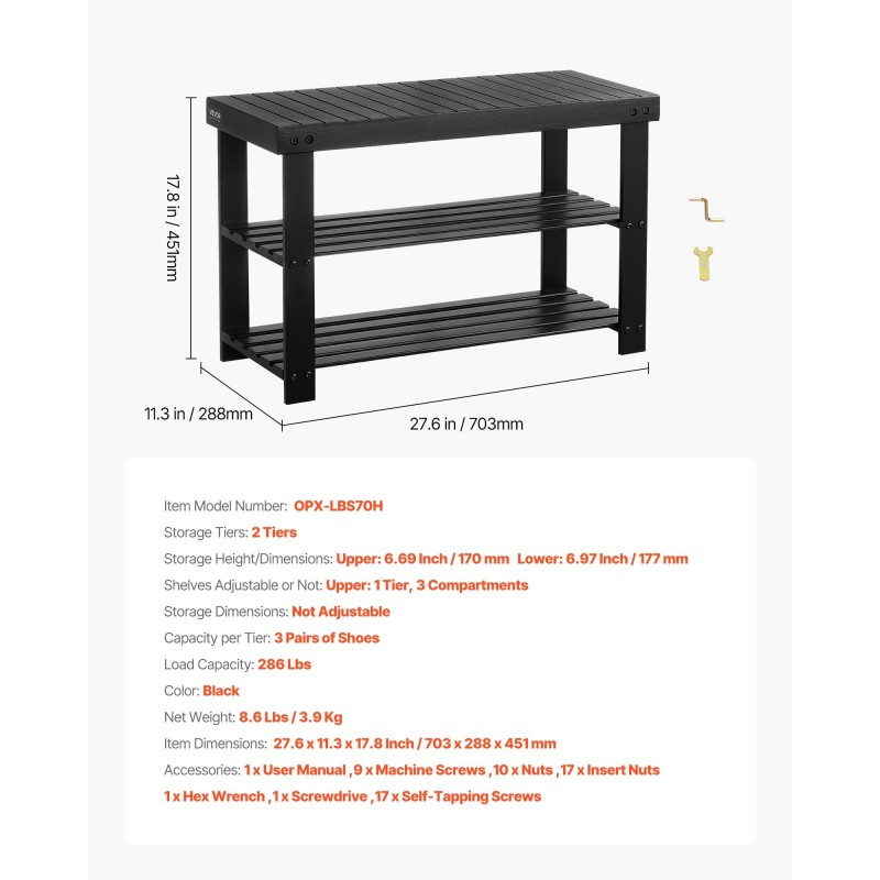 Bambuinen kolmitasoinen kenkätelinepenkki istuinosalla musta kahdella säilytyshyllyllä