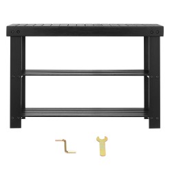 Bambuinen kolmitasoinen kenkätelinepenkki istuinosalla musta kahdella säilytyshyllyllä