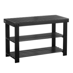 Bambuinen kolmitasoinen kenkätelinepenkki istuinosalla musta kahdella säilytyshyllyllä