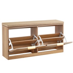 Eteisen kenkäpenkki MDF ja rottinki neljä kääntyvää lokeroa päällystetty istuintyyny luonnonpuun sävy