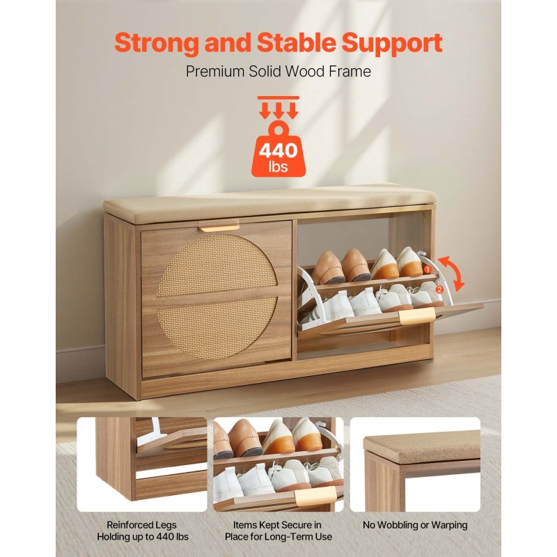 Eteisen kenkäpenkki MDF ja rottinki neljä kääntyvää lokeroa päällystetty istuintyyny luonnonpuun sävy