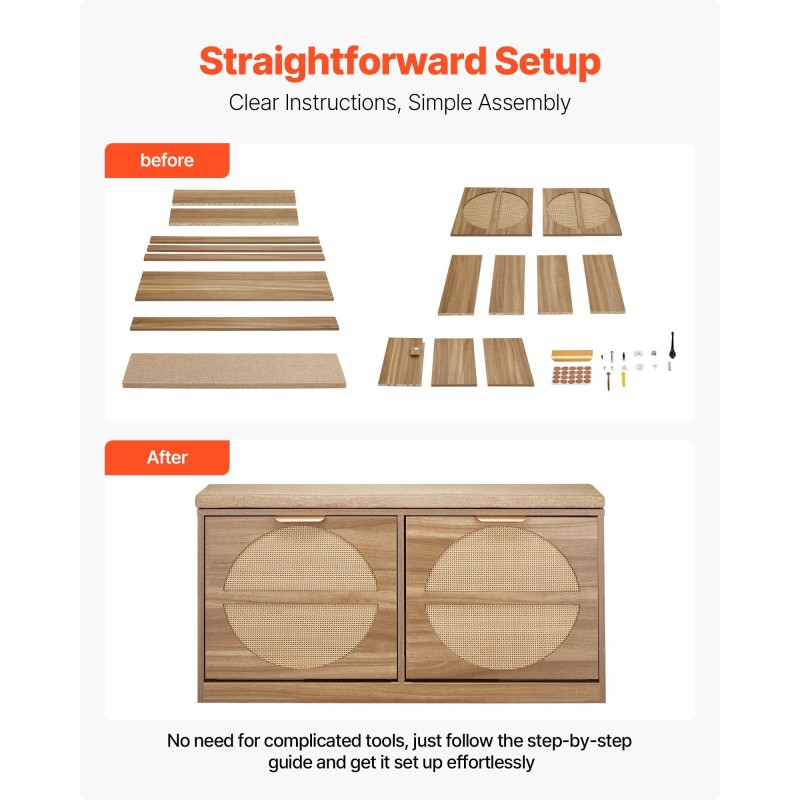 Eteisen kenkäpenkki MDF ja rottinki neljä kääntyvää lokeroa päällystetty istuintyyny luonnonpuun sävy