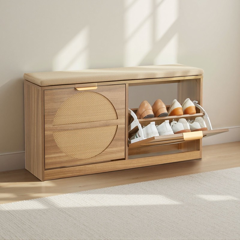 Eteisen kenkäpenkki MDF ja rottinki neljä kääntyvää lokeroa päällystetty istuintyyny luonnonpuun sävy