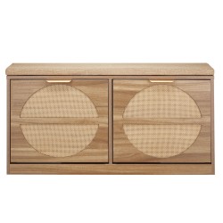 Eteisen kenkäpenkki MDF ja rottinki neljä kääntyvää lokeroa päällystetty istuintyyny luonnonpuun sävy