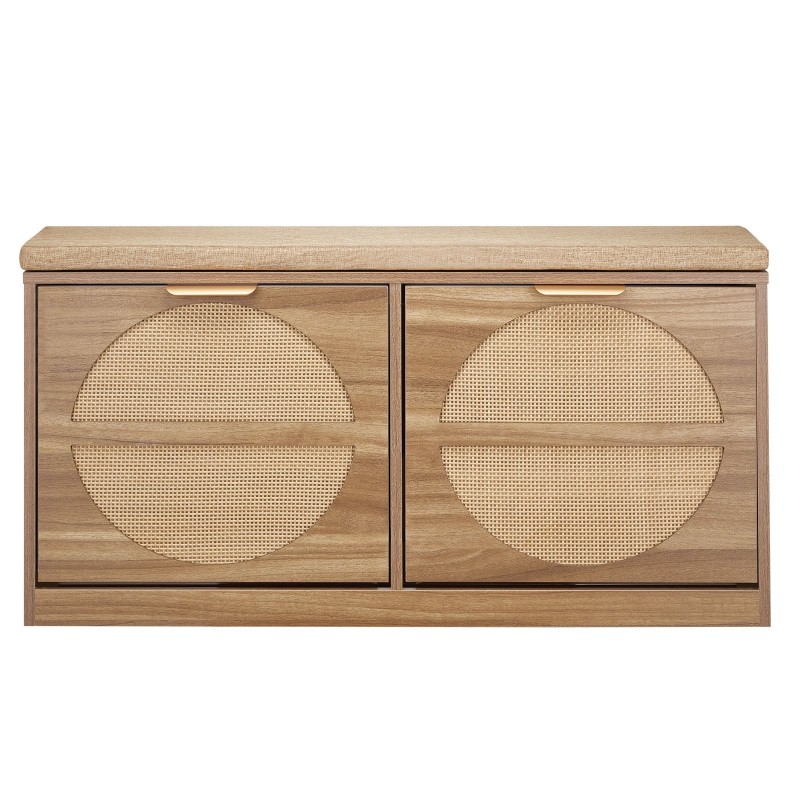 Eteisen kenkäpenkki MDF ja rottinki neljä kääntyvää lokeroa päällystetty istuintyyny luonnonpuun sävy