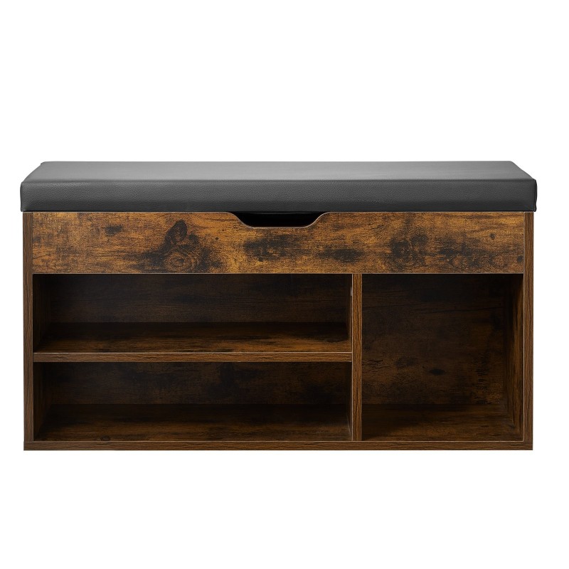 Kenkäpenkki puupohjainen lastulevy pehmustettu istuin kolme lokeroa ruskea ja musta eteiseen