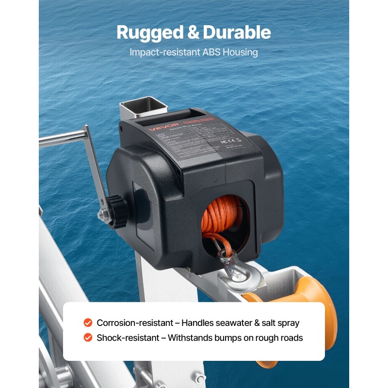 Sähköinen venevinssi 12 voltin 900 kilogramman vetokyvyllä köydellä ja käsikäytöllä