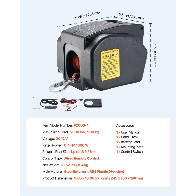 Sähköinen venevinssi 12 voltin 900 kilogramman vetokyvyllä köydellä ja käsikäytöllä