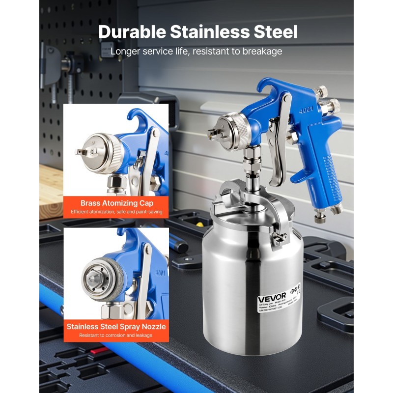 Sifonisyötteinen maaliruisku 1,8 mm suuttimella 1000 ml säiliöllä ruostumaton teräs ja messinki