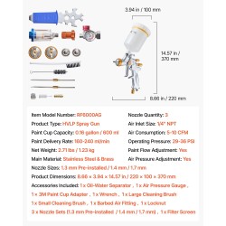 HVLP-maaliruisku 600 ml 3 suutinta 1.3/1.4/1.7 mm ruostumaton teräs ja messinki
