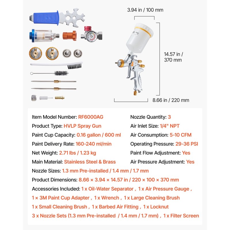 HVLP-maaliruisku 600 ml 3 suutinta 1.3/1.4/1.7 mm ruostumaton teräs ja messinki