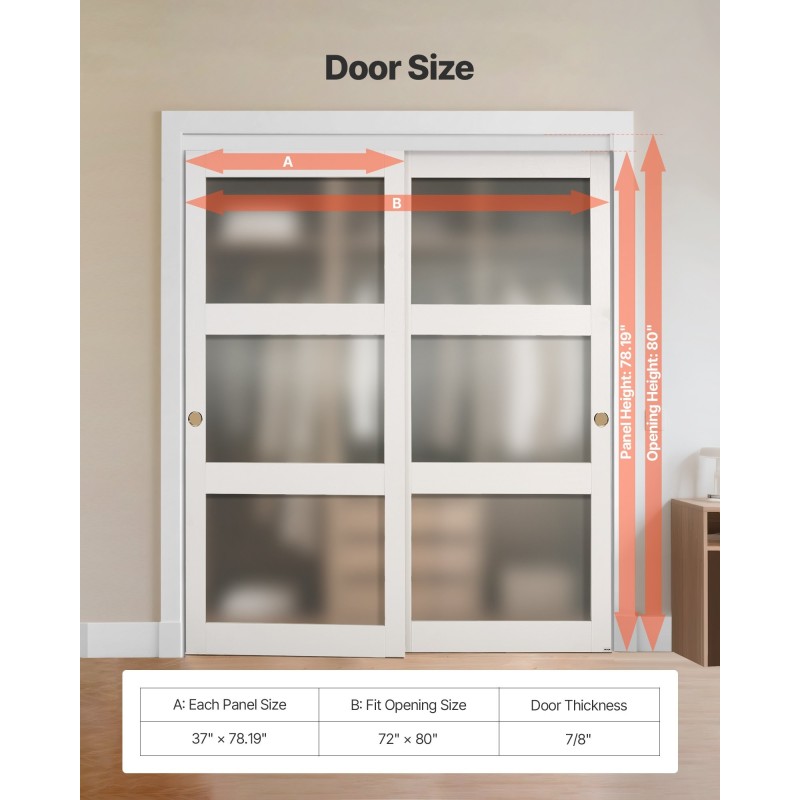 Ohitusliukuovet kaapistoihin 2 paneelia massiivipuu ja MDF 1829x2032mm valkoinen himmeä lasi