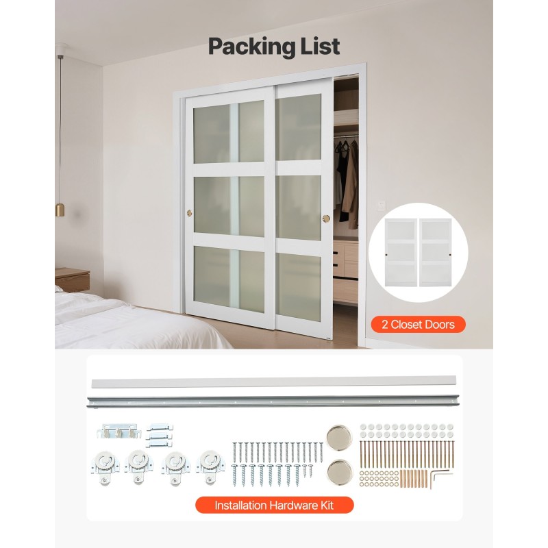 Ohitusliukuovet kaapistoihin 2 paneelia massiivipuu ja MDF 1829x2032mm valkoinen himmeä lasi