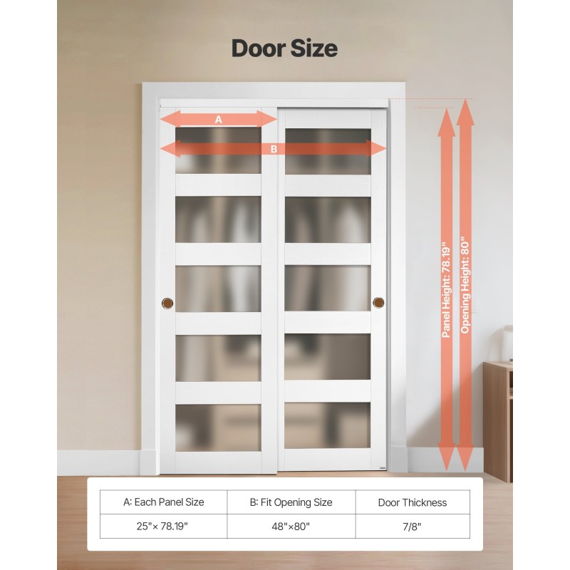 Liukuovipaketti vaatekomeroon 1219x2032 mm 2-paneelinen himmeä lasi puu ja MDF-runko PVC-pinnoite
