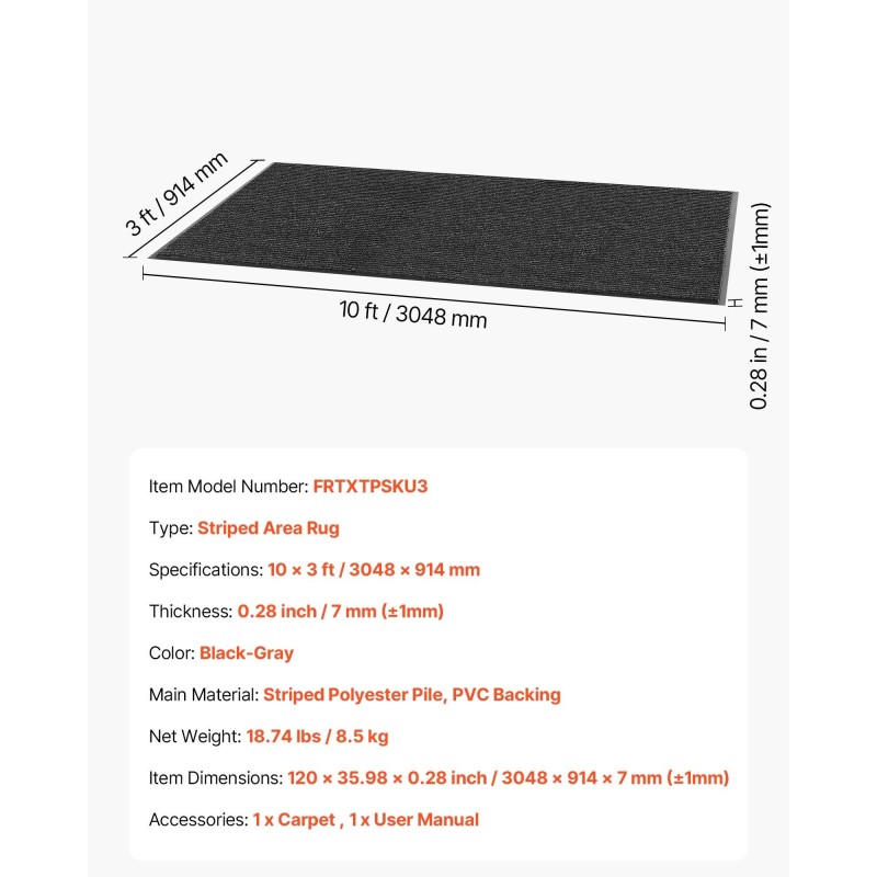 Pitkä käytävämatto polyesteri PVC-tausta 3048×914 mm harmaa
