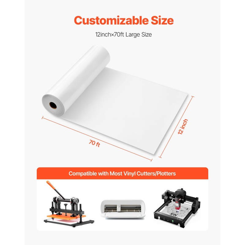 Lämpösiirtokalvorulla PVC-materiaalinen kiiltävä valkoinen 304,8 mm x 21,336 m tekstiileille