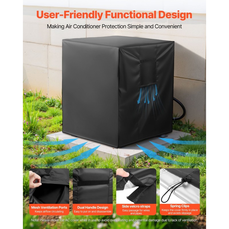 Ilmastointilaitteen suojapeite 190T-tafti vedenpitävä 914x914x1010 mm musta kiristysnarulla