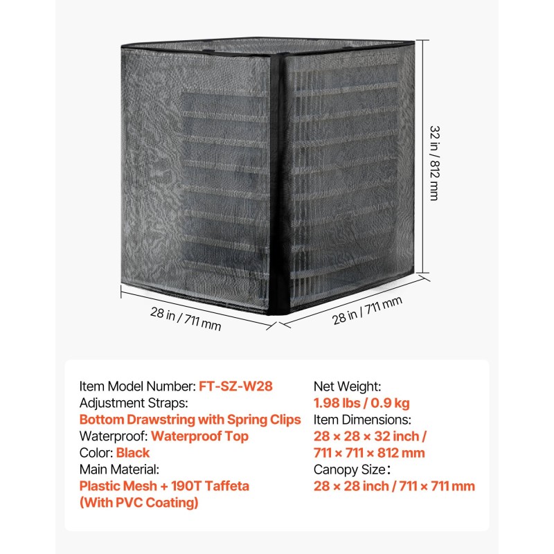 Ilmastointilaitteen ulkoyksikön suojus musta muoviverkko 190T tafti 711x711x812 mm