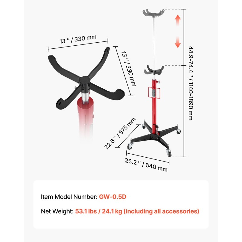 Hydraulinen vaihteistonostin 500 kg nelikäsivarsinen säädettävä tarjotin 112–187 cm nostokorkeus