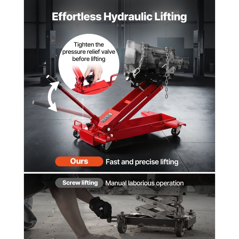 Matalaprofiilinen hydraulitunkki teräsrunko 1000 kg nostokyky 185–700 mm valurautaiset pyörät