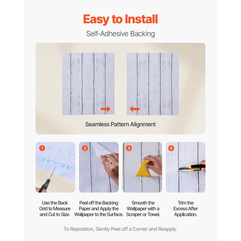 Itsekiinnittyvä vinyylitapettirulla 45 cm 15 m valkoinen puukuosi vedenpitävä