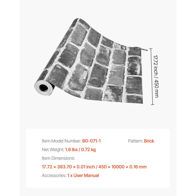 Itsekiinnittyvä vinyylitapettirulla 45 cm leveä 10 m harmaa tiilikuosi