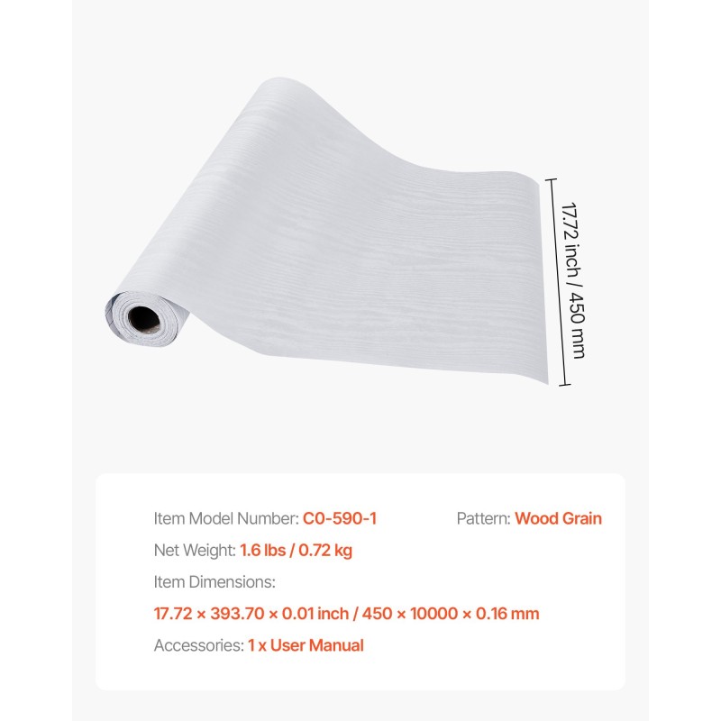 Itsekiinnittyvä muovinen tapettirulla 45 cm 10 m valkoinen puunsyykuvio