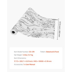 Tapettirulla PVC-muovinen itsekiinnittyvä 45 cm x 10 m vedenkestävä kasvi ja kukkakuvio