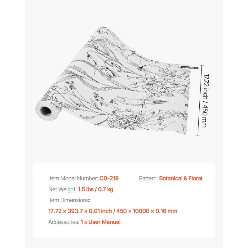 Tapettirulla PVC-muovinen itsekiinnittyvä 45 cm x 10 m vedenkestävä kasvi ja kukkakuvio