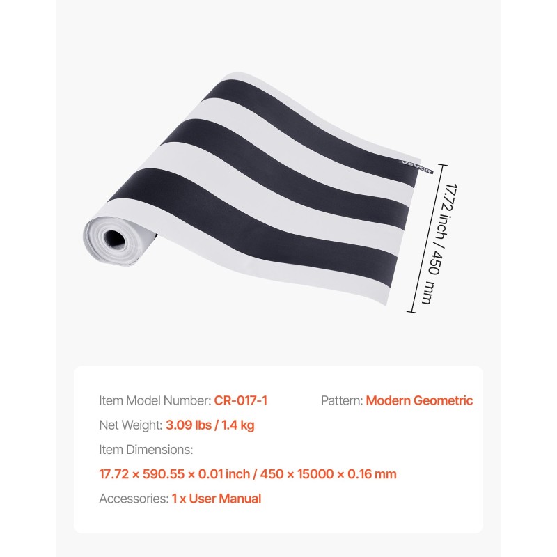 Itsekiinnittyvä vinyylitapettirulla 45 cm x 15 m mustavalkoinen geometrinen kuvio seinälle