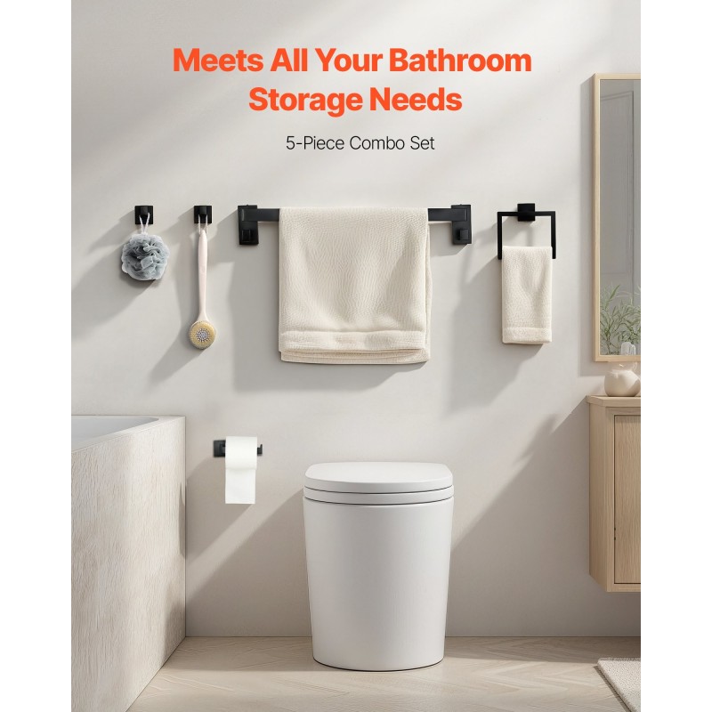 Kylpyhuonetarvikesetti 5-osainen mattamusta ruostumaton teräs 595 mm pyyhetanko