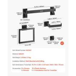 Kylpyhuonetarvikesarja 5-osainen mattamusta ruostumaton teräs 400 mm pyyhetanko seinäkiinnitteinen