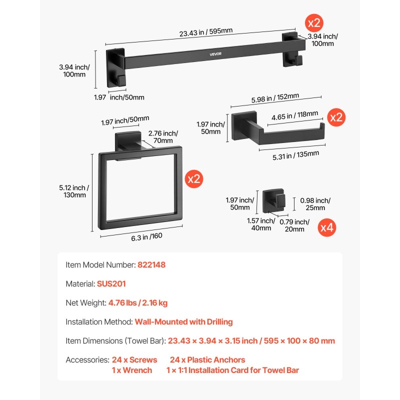 Kylpyhuonetarvikesetti 10-osainen SUS201 ruostumaton teräs mattamusta seinäkiinnitteinen