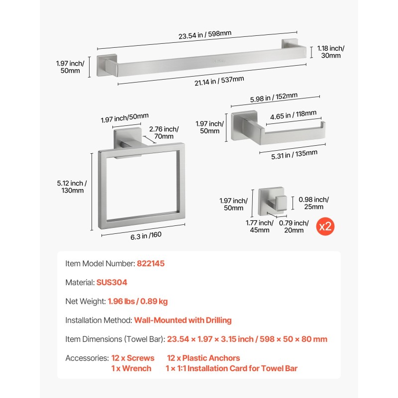 Seinään asennettava viisi-osainen kylpyhuonesetti ruostumaton teräs pyyhetanko